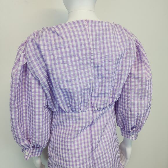Zara Farmers Daughter Mini Dress Size M Purple Ruched Front Gingham Puff Sleeve - Picture 9 of 16